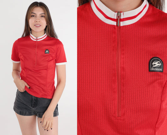 90s Sugoi Cycling Jersey Red Mesh Mock Neck Zip Pullover Small