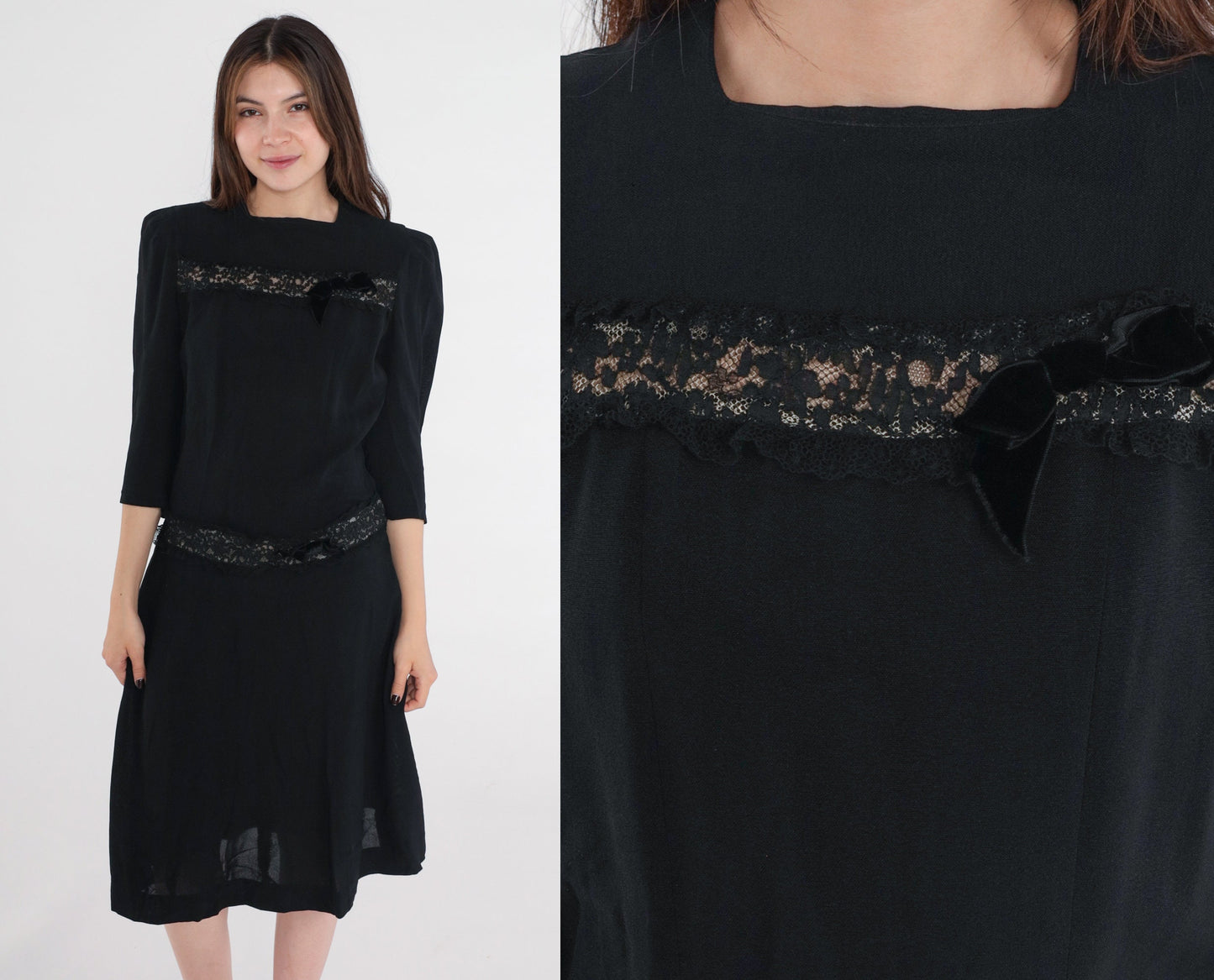 1950s Black Lace Trim Party Dress Shift Drop Waist Bow Tea Length Extra Small