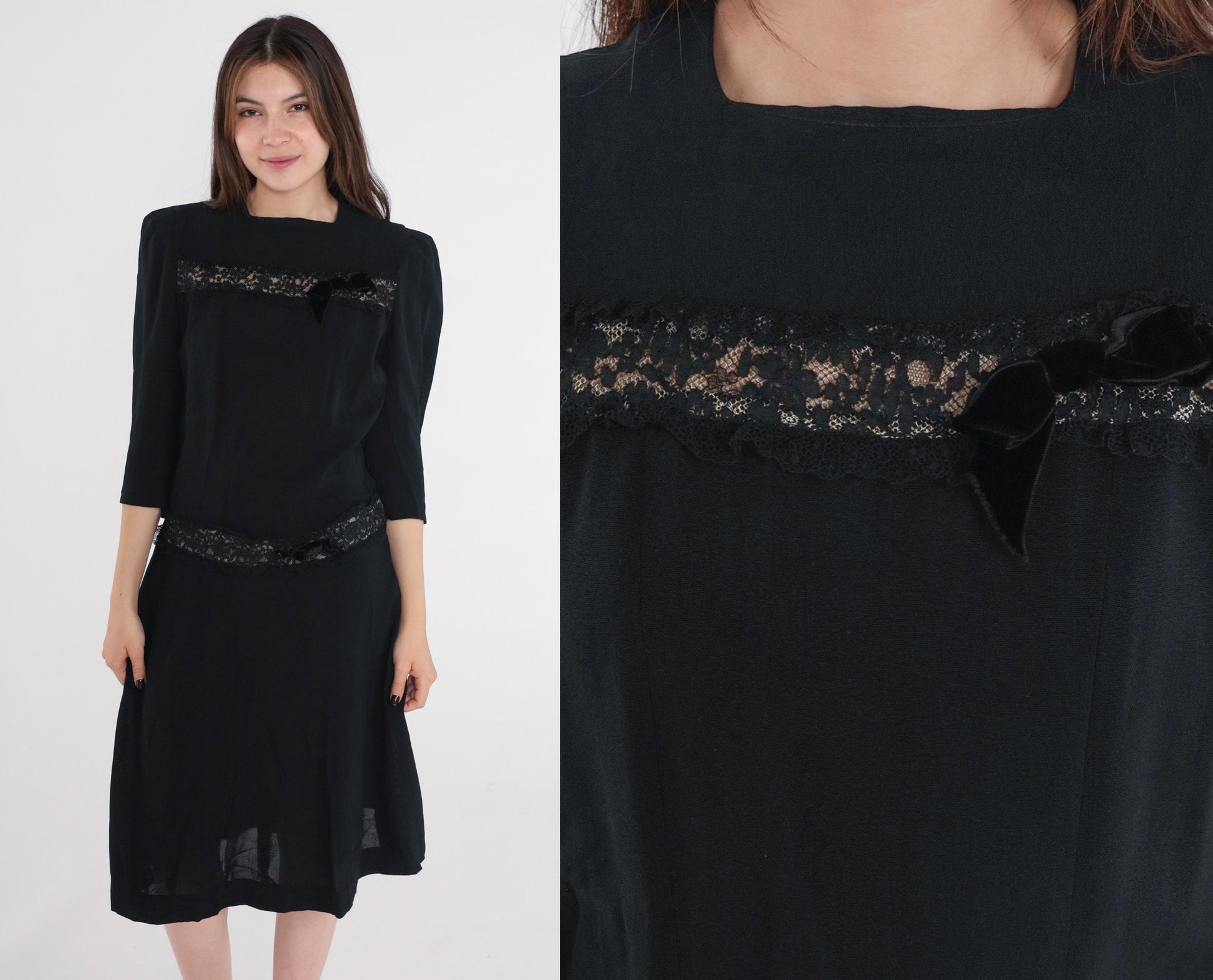 1950s Black Lace Trim Party Dress Shift Drop Waist Bow Tea Length Extra Small