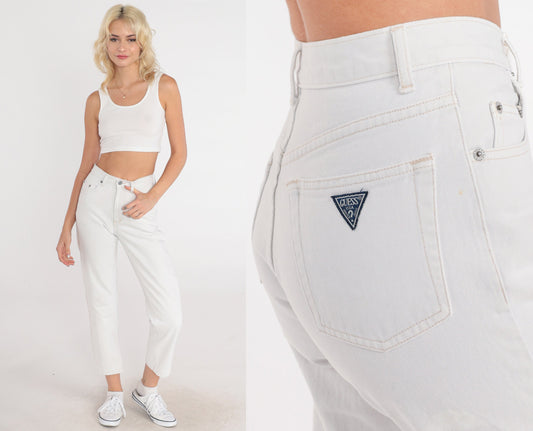 90s Guess White Denim Mom Jeans Mid Rise Slim Tapered 2XS