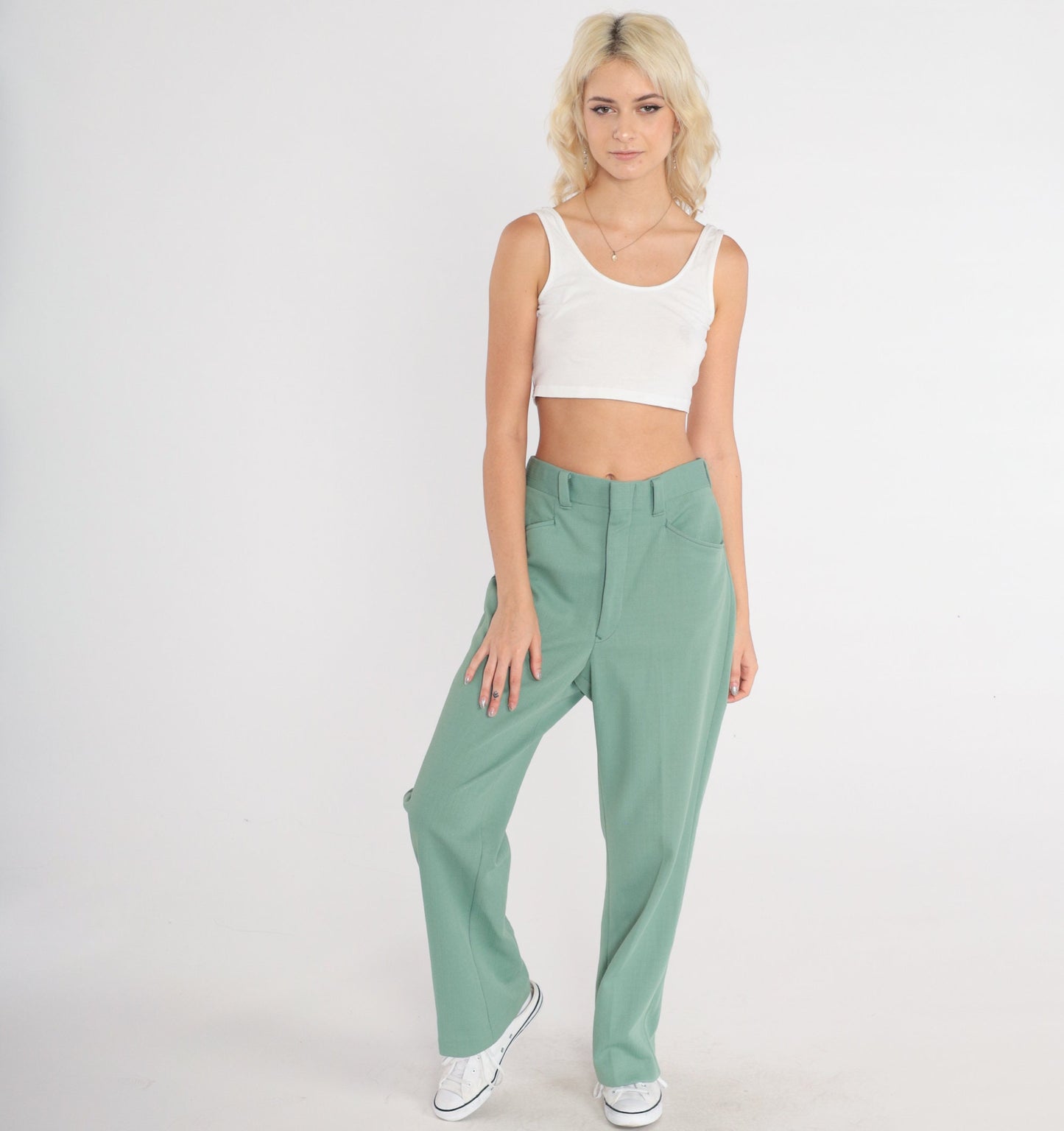 70s Green High-Waisted Straight Leg Trousers Pleated Crease Medium