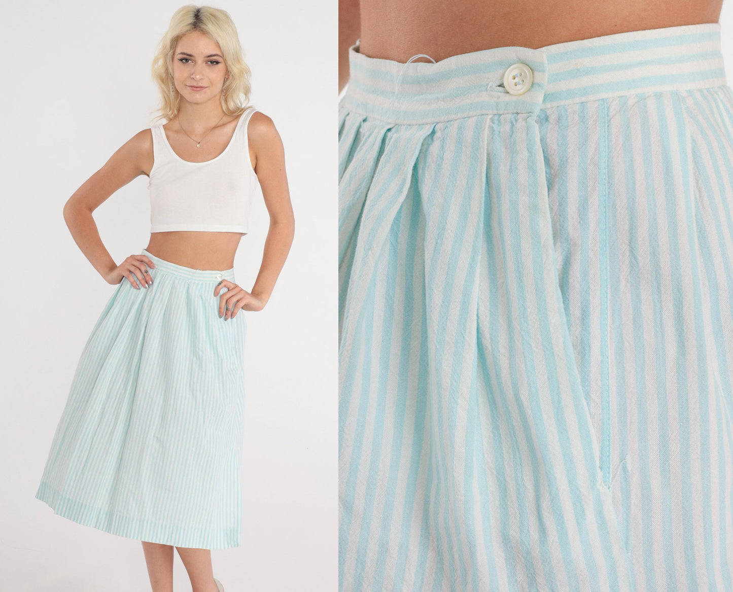 80s Striped Midi Skirt Baby Blue White Pinstripe Pleated High Waist Cotton Extra Small