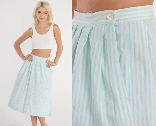 80s Striped Midi Skirt Baby Blue White Pinstripe Pleated High Waist Cotton Extra Small
