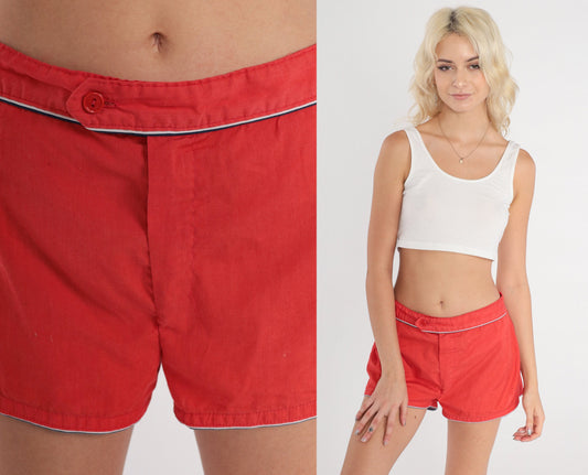 80s Red Ringer Swim Shorts Elastic Waist Board Shorts Medium