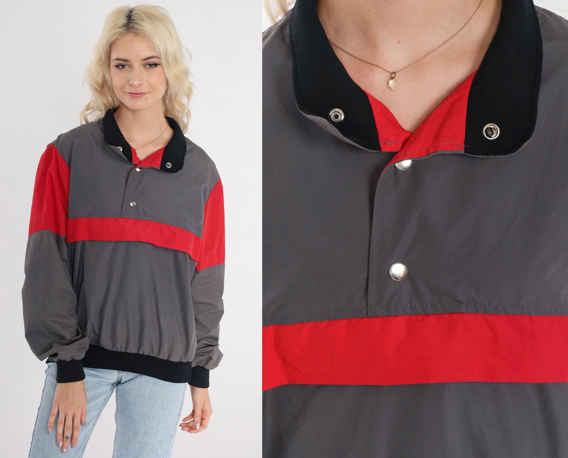 80s Grey Red Striped Nylon Windbreaker Pullover Half-Snap Jacket Medium