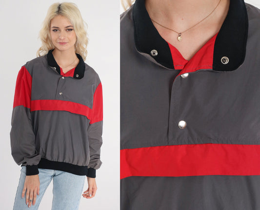 80s Grey Red Striped Nylon Windbreaker Pullover Half-Snap Jacket Medium