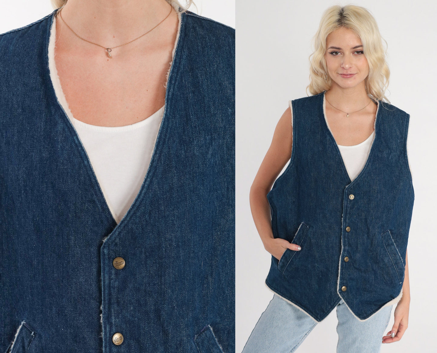 80s Osh Kosh B'Gosh Denim Vest Faux Sherpa Lining Blue Button-Up Large L