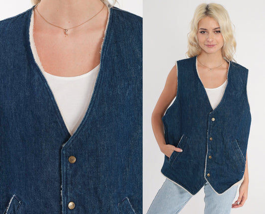 80s Osh Kosh B'Gosh Denim Vest Faux Sherpa Lining Blue Button-Up Large L