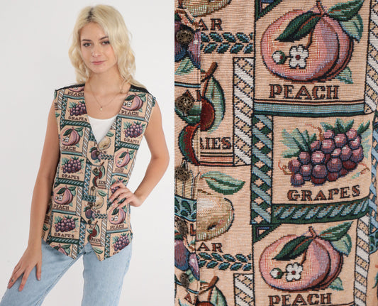 90s Fruit Print Vest Peaches Grapes Woven Button-Up Sleeveless Large L