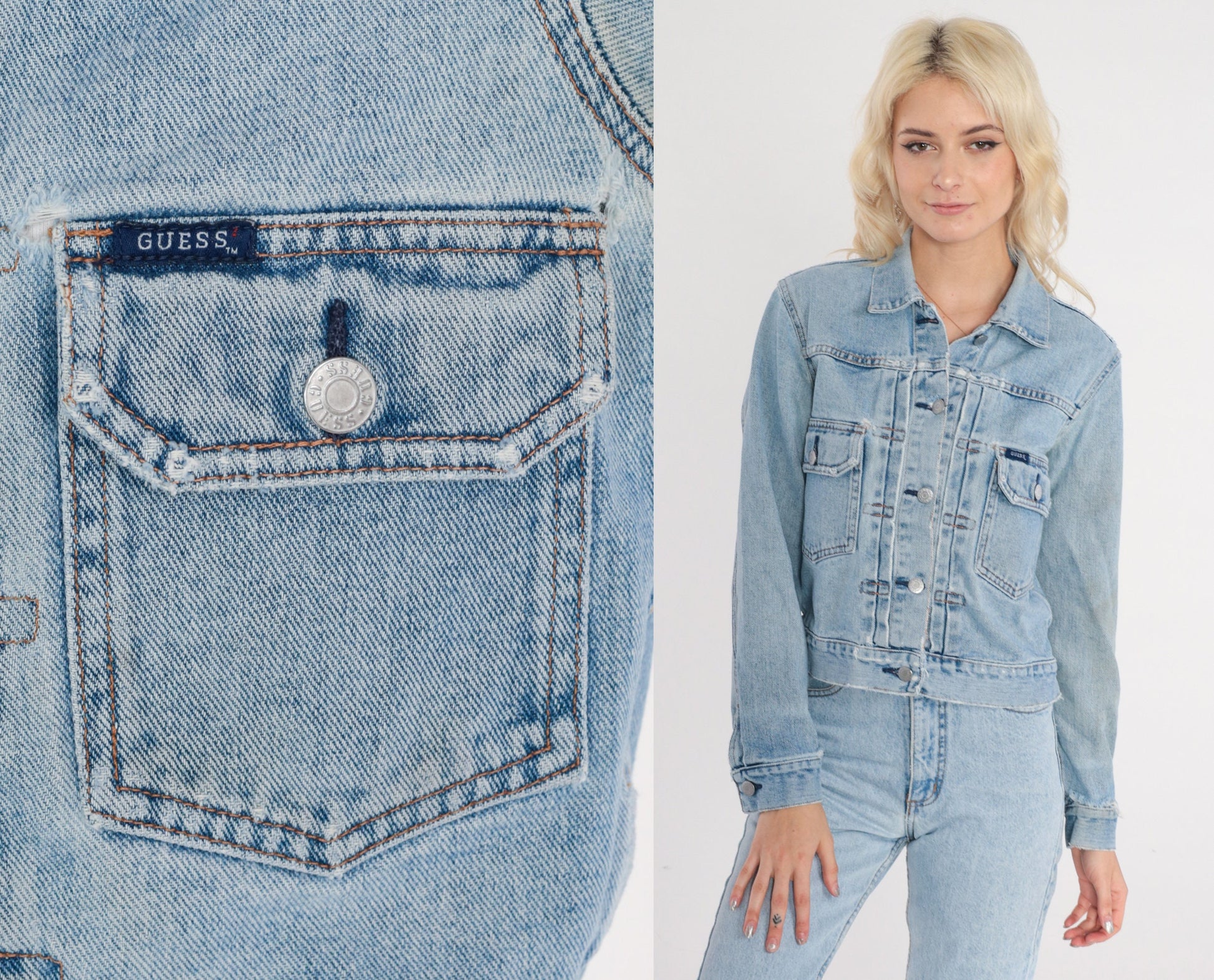 Guess Y2K Distressed Denim Jacket Cropped Blue Medium M