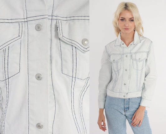 80s Levi's Denim Jacket White Stone Wash Cropped Button Up Extra Small