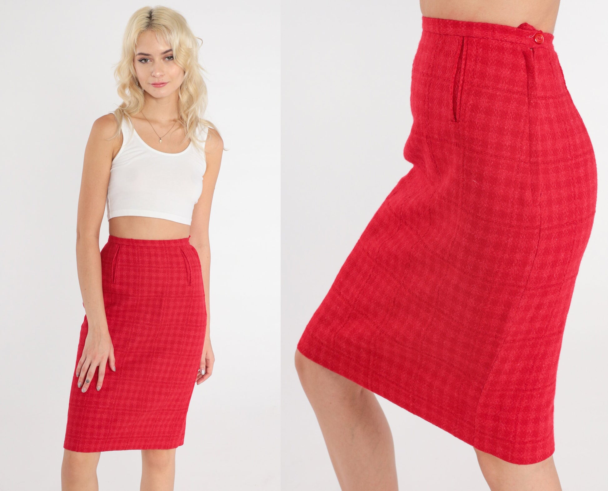 60s Bobbie Brooks Wool Skirt Red Checkered Pencil High Waist XXS
