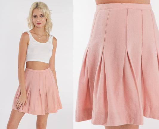 80s Bobbie Brooks Pleated Wool Mini Skirt Baby Pink High Waist XXS