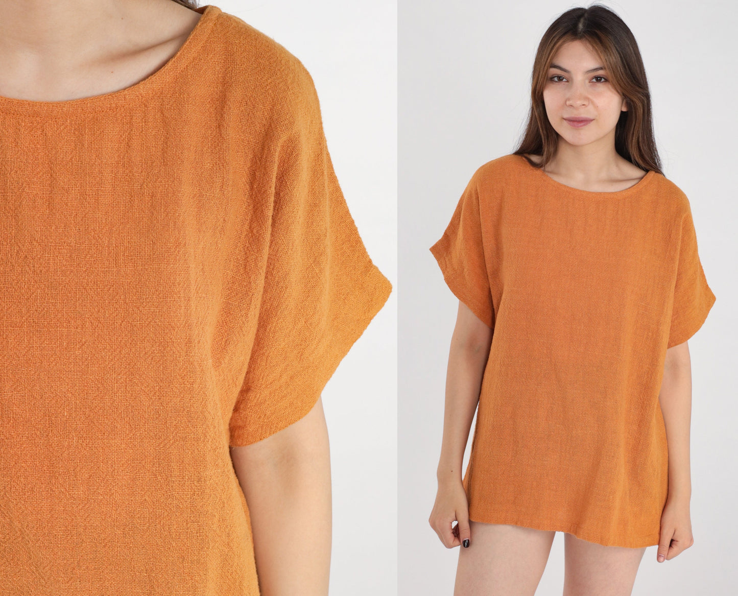 80s Burnt Orange Cotton Woven Blouse Short Sleeve Large L