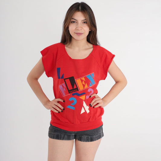 80s Tropix Flex Red Short Sleeve Sweatshirt Graphic Crewneck Medium
