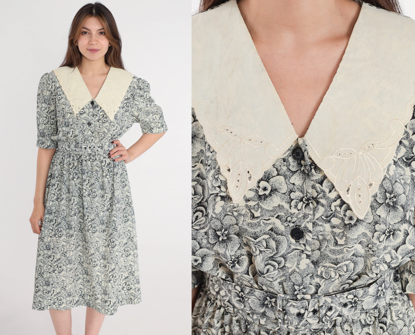 80s Black White Floral Embroidered Collar Puff Sleeve Mini Dress Medium