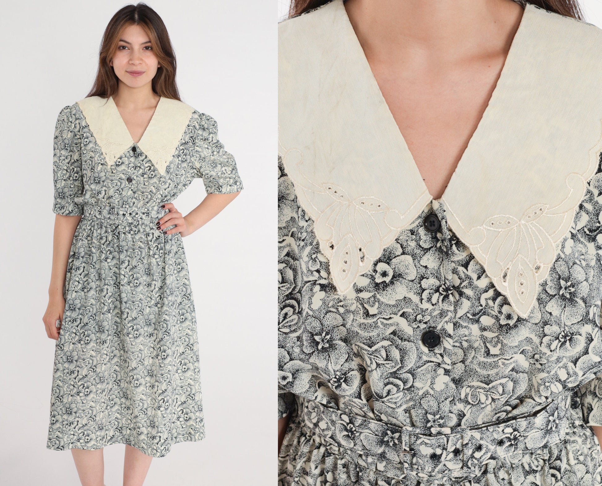 80s Black White Floral Embroidered Collar Puff Sleeve Mini Dress Medium