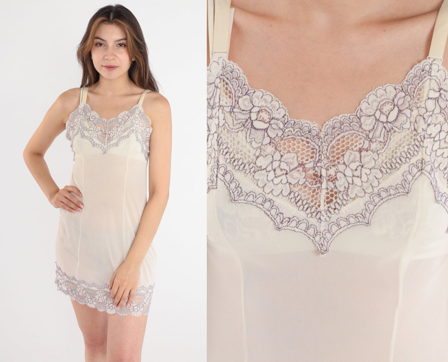70s Off-White Slip Dress Purple Lace Trim Mini V Neck Extra Small