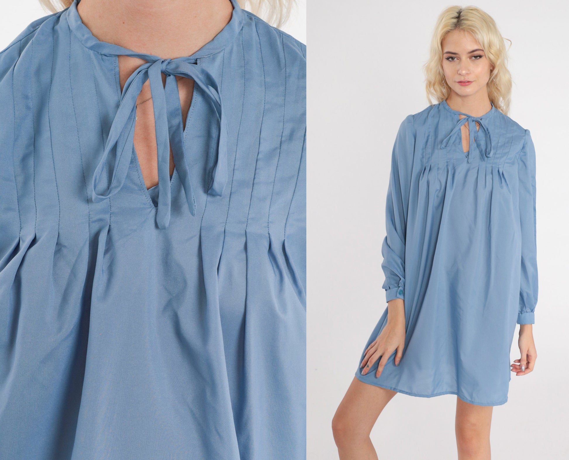 70s Blue Mini Dress Keyhole Tie Neck Long Sleeve Tent Cut Medium