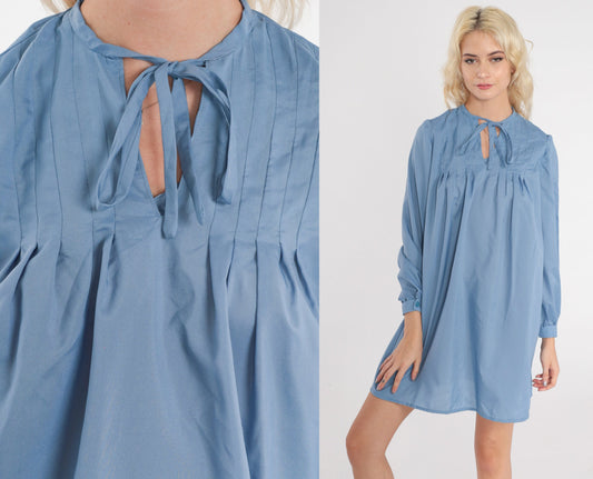 70s Blue Mini Dress Keyhole Tie Neck Long Sleeve Tent Cut Medium