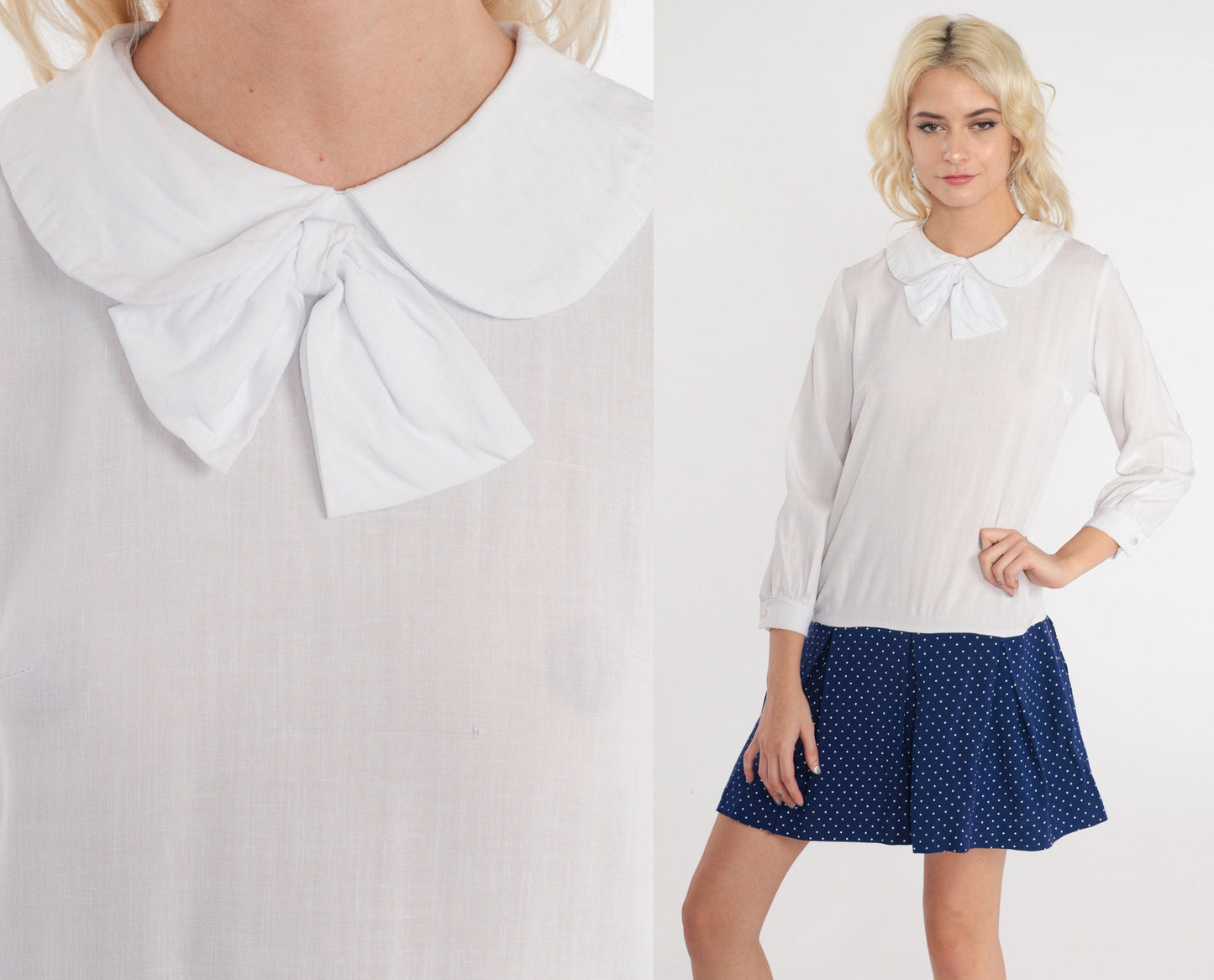 60s Mod Mini Dress Peter Pan Collar Drop Waist White Navy Polka Dot Extra Small