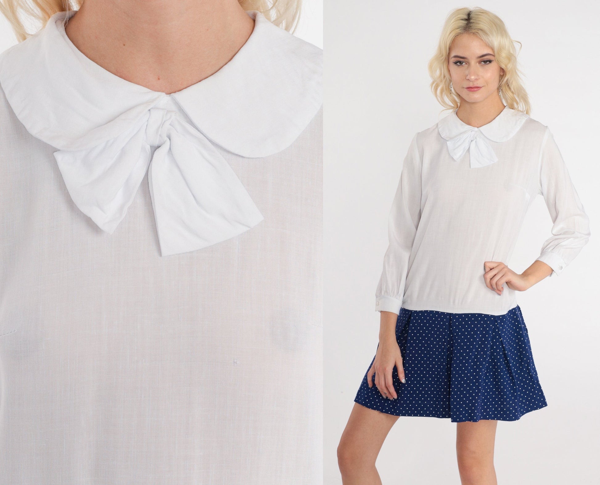 60s Mod Mini Dress Peter Pan Collar Drop Waist White Navy Polka Dot Extra Small