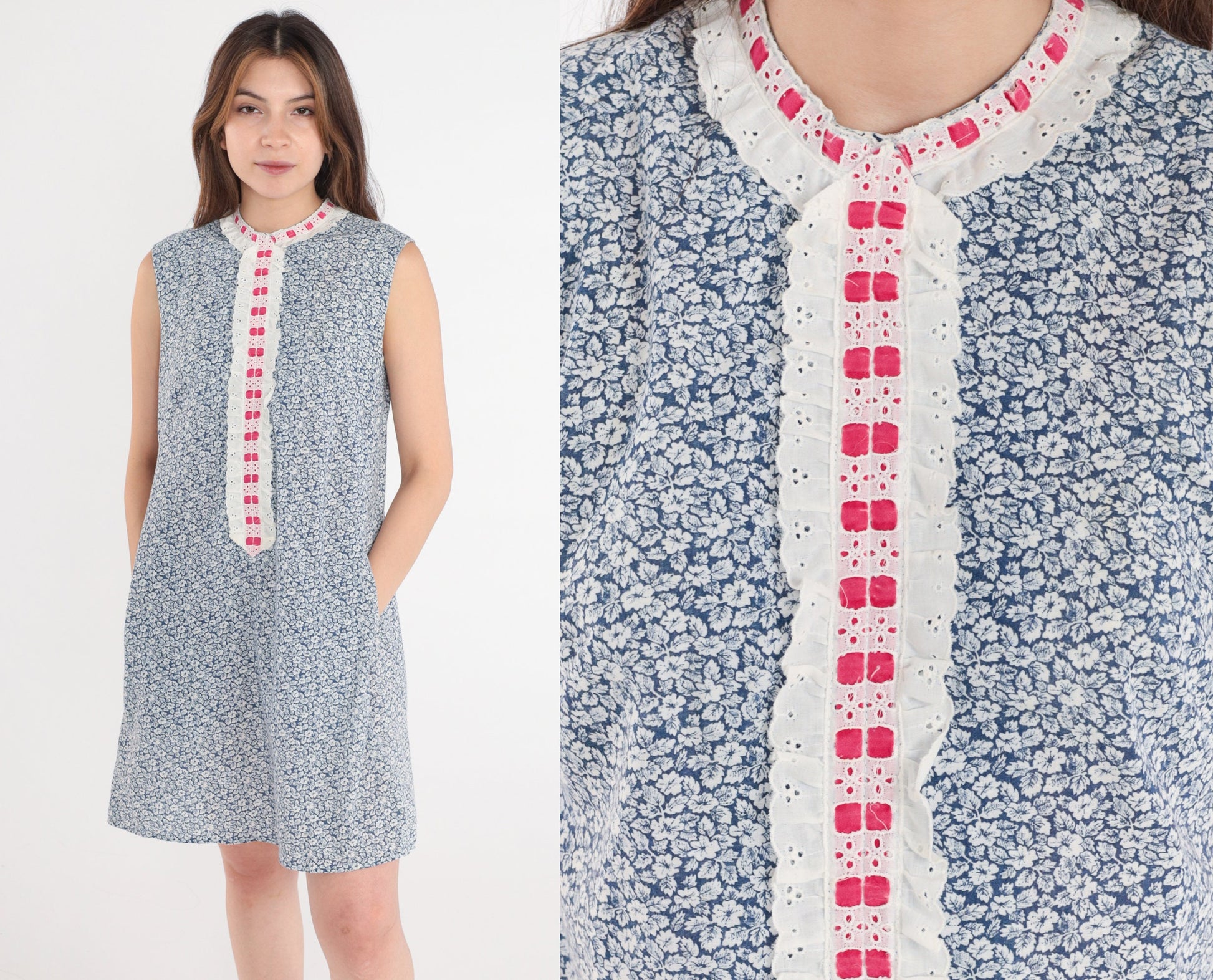 80s Liberty House Floral Eyelet Mini Shift Dress Blue White Medium 8
