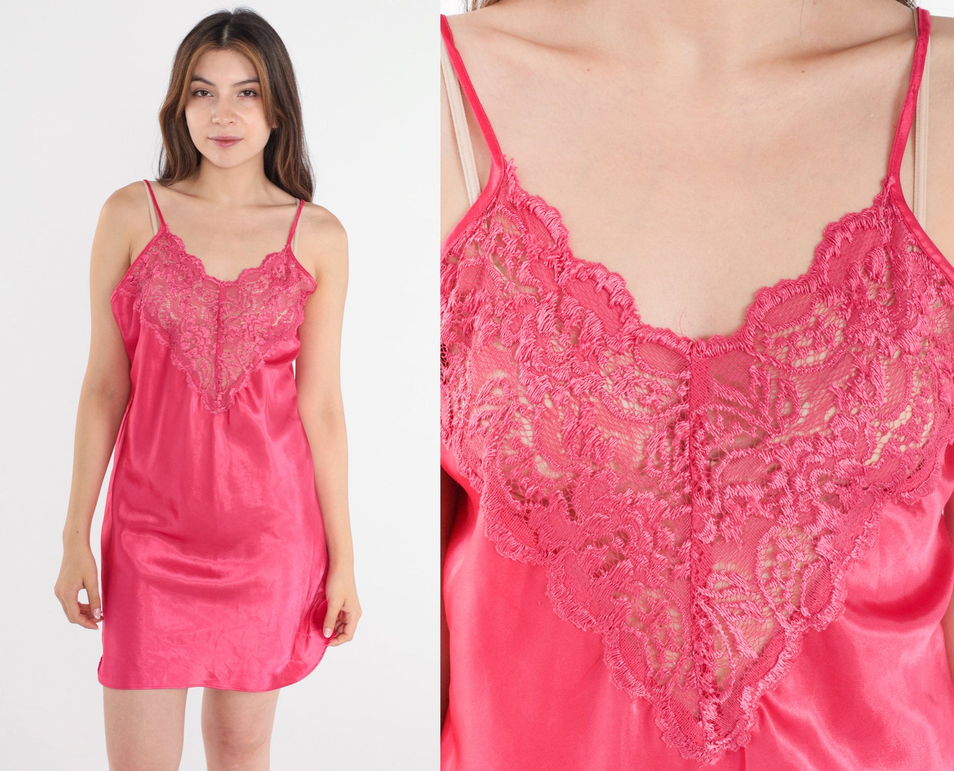 90s Pink Satin Slip Dress Floral Lace Mini Nightgown Spaghetti Strap Medium