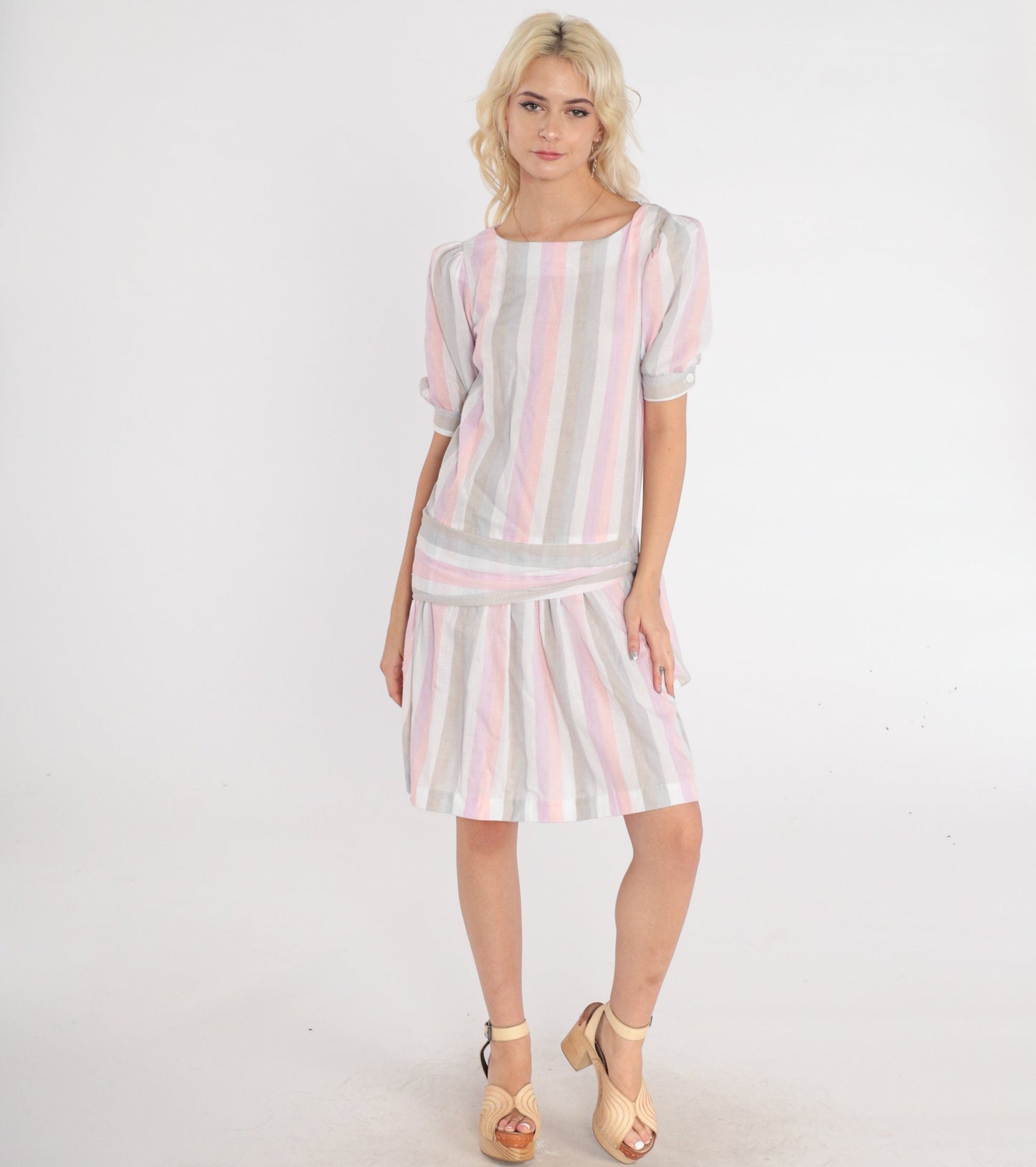 80s Striped Mini Dress Puff Sleeve Drop Waist Tie Side Pink Purple Small