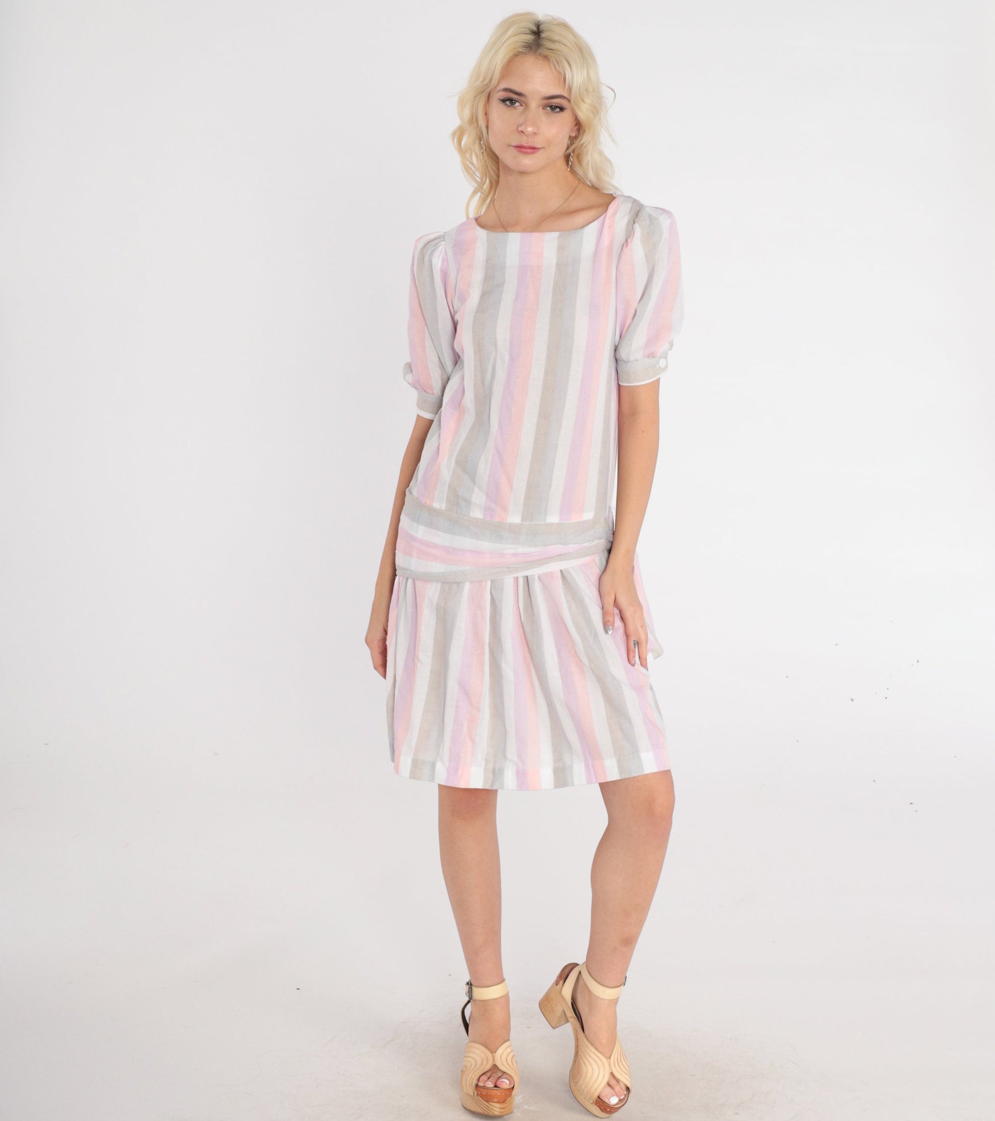 80s Striped Mini Dress Puff Sleeve Drop Waist Tie Side Pink Purple Small