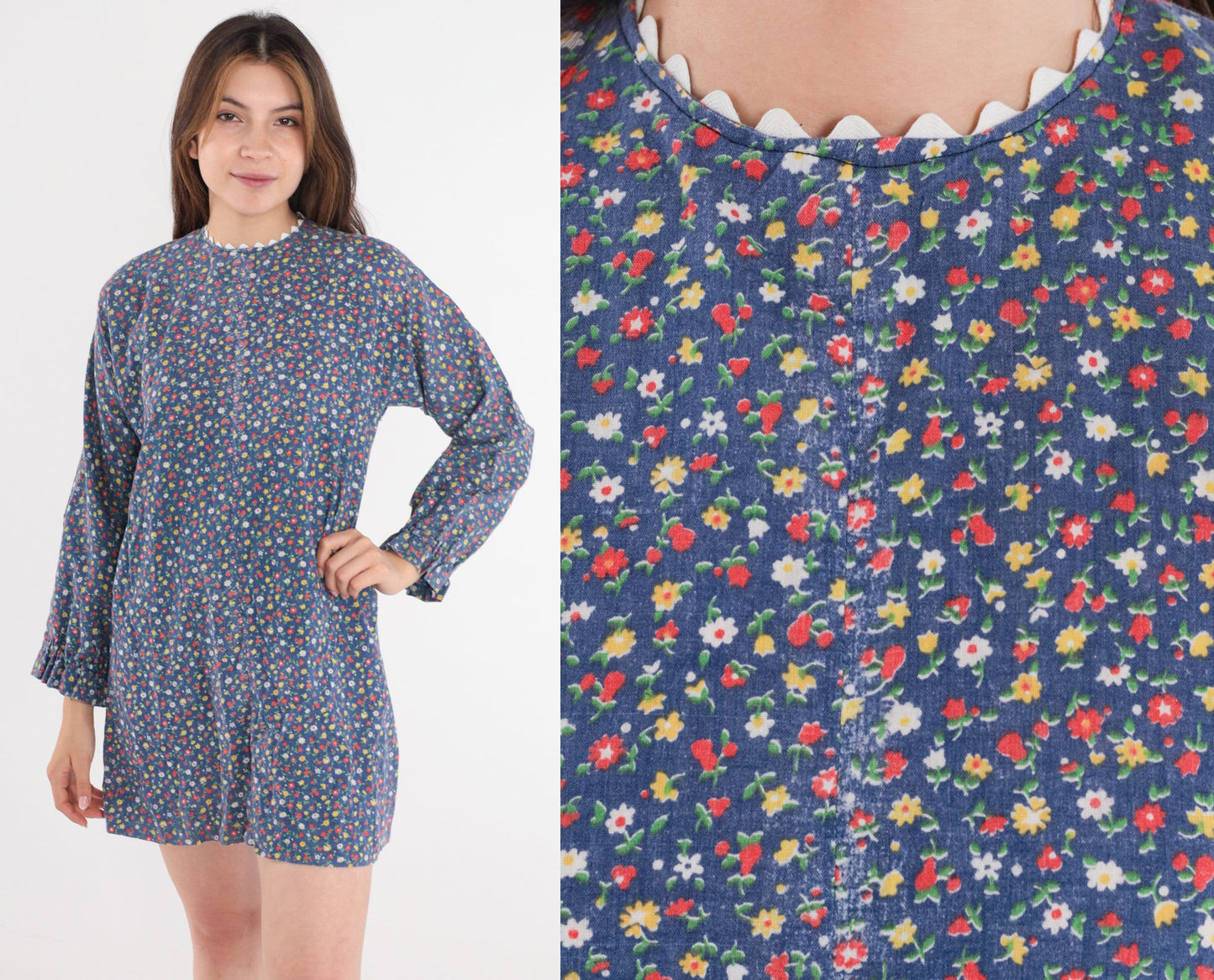 1970s Blue Floral Calico Mini Shift Dress Long Sleeve Small