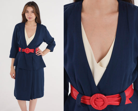 80s Michael Blair Wrap Dress Deep V Neck High Waist Midi Navy Blue Small