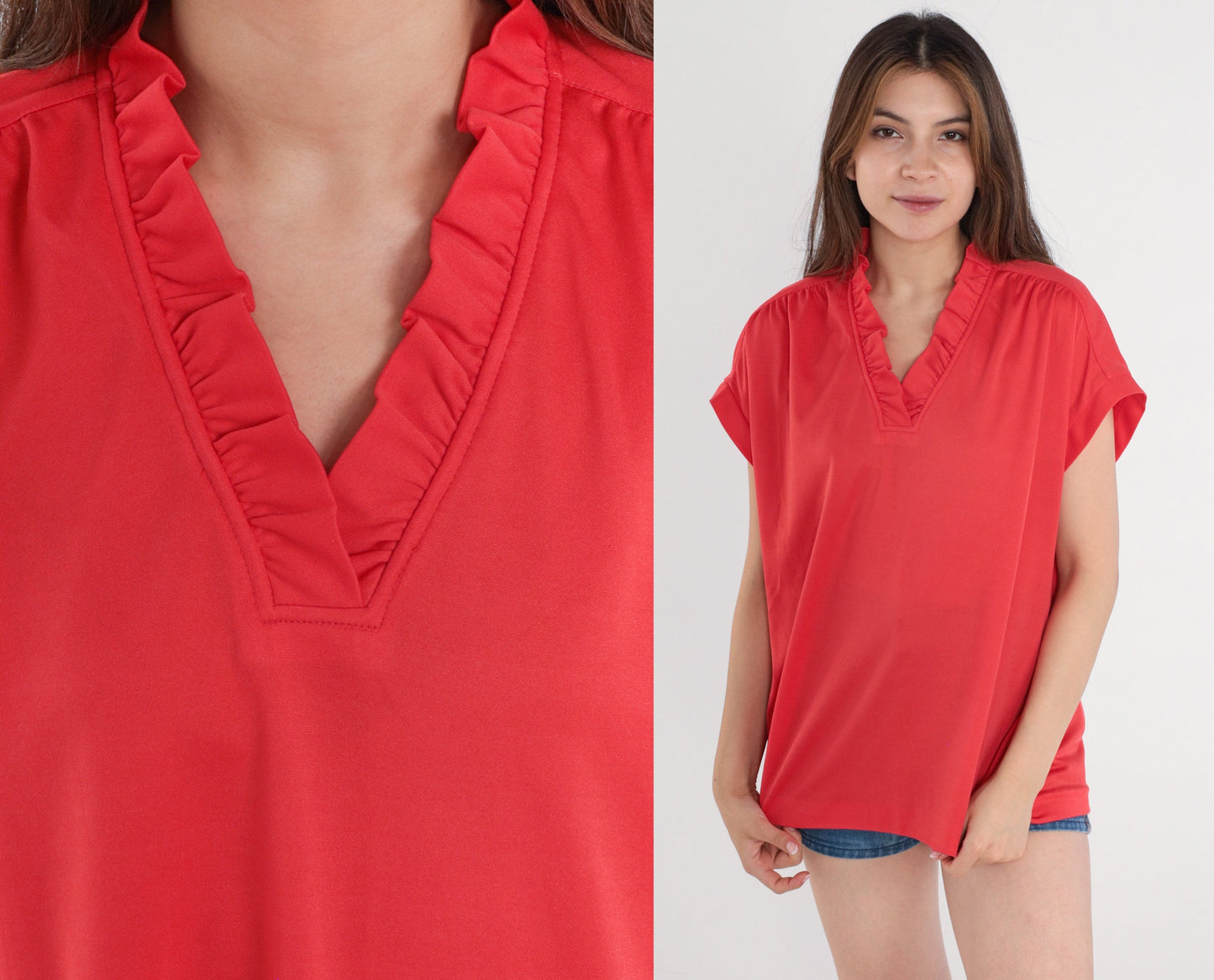 70s Red Blouse Ruffled V Neck Cap Sleeve Disco Shirt Large L