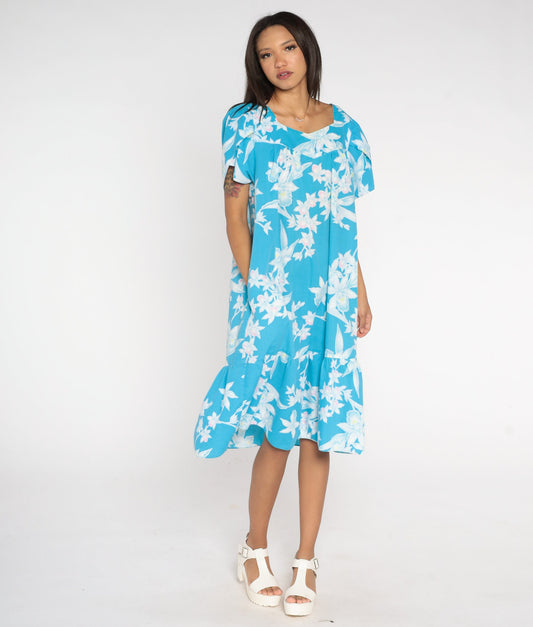 90s Hawaiian Tropical Floral Midi Dress Blue Tent Cut Tulip Sleeve Large
