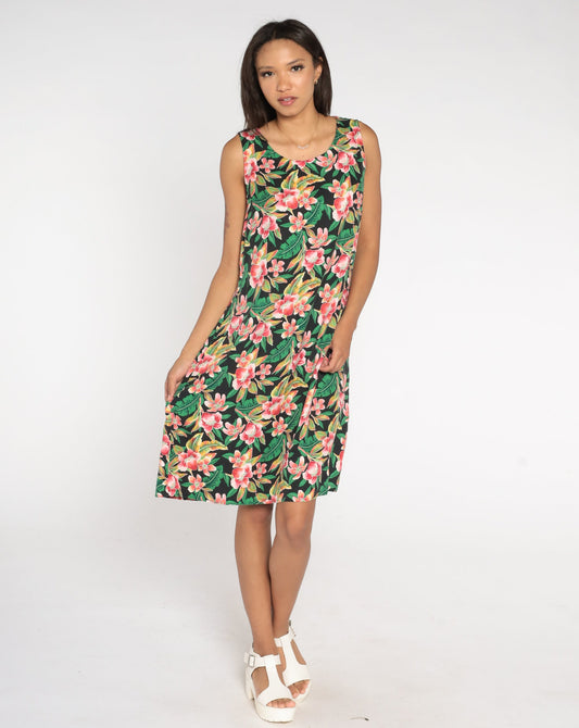90s Coldwater Creek Silk Hawaiian Midi Dress Black Floral Sleeveless Large