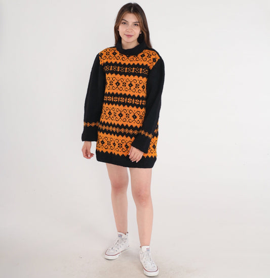 80s Fair Isle Sweater Orange Black Mock Neck Nordic Knit Medium Large
