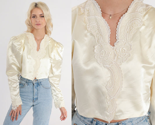 80s Jessica McClintock Cream Satin Cropped Jacket Puff Sleeve Lace Trim Extra Small