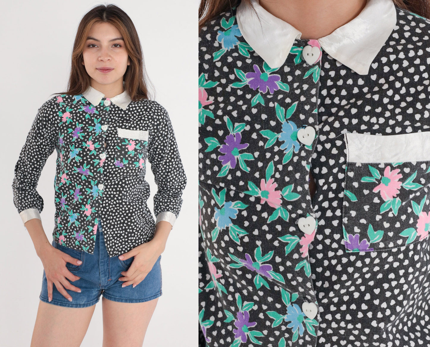 90s Floral Polka Dot Button-Up Blouse White Black Heart Long Sleeve XXS