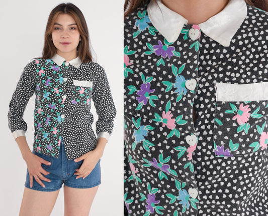 90s Floral Polka Dot Button-Up Blouse White Black Heart Long Sleeve XXS