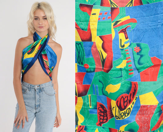 80s Silk Picasso Cubist Art Scarf Multicolor Abstract Print Square