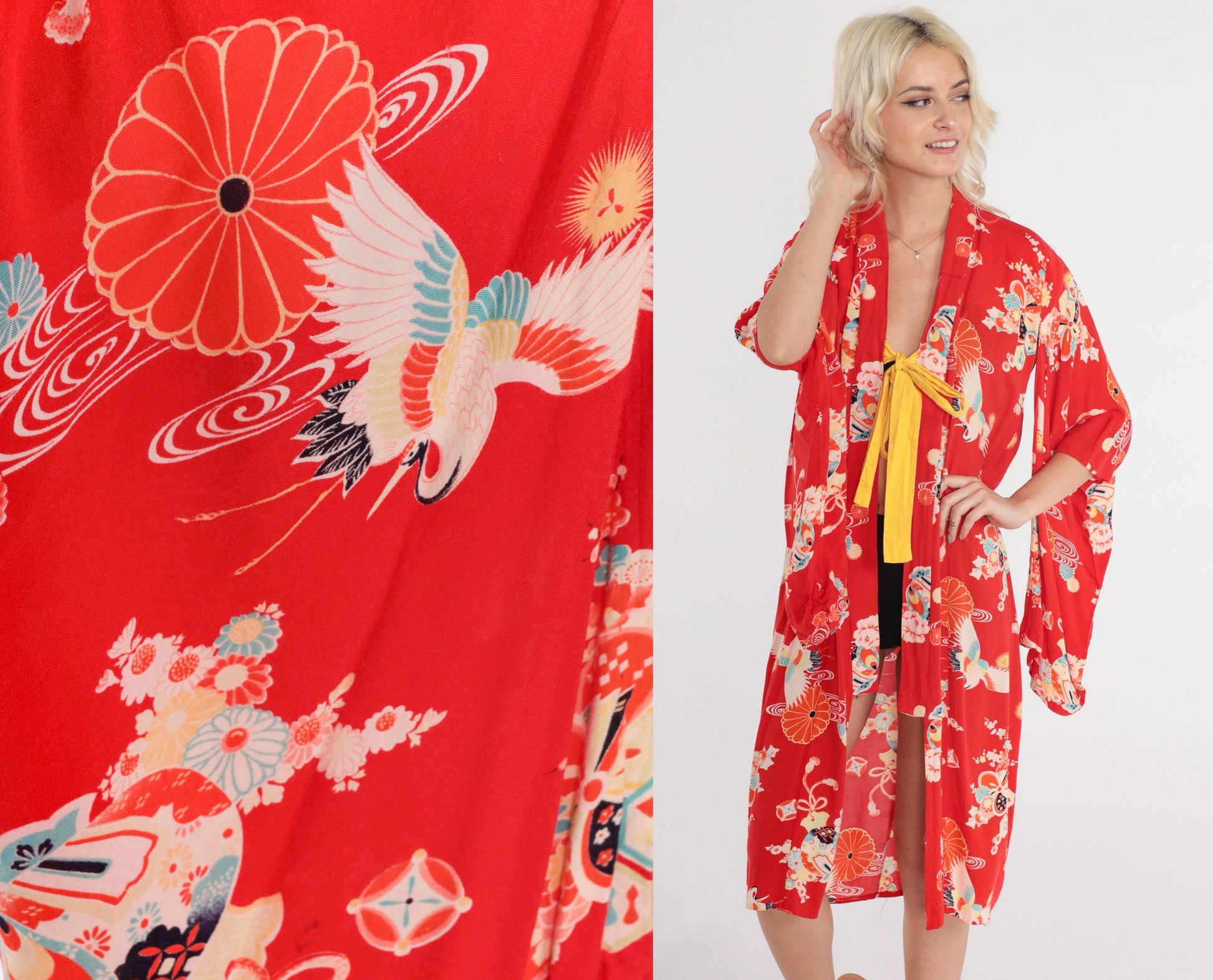 80s Red Floral Kimono Robe Midi Crane Print Tie Front Medium