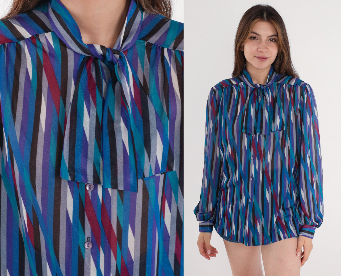 70s Striped Ascot Blouse Purple Blue Necktie Secretary Top Medium