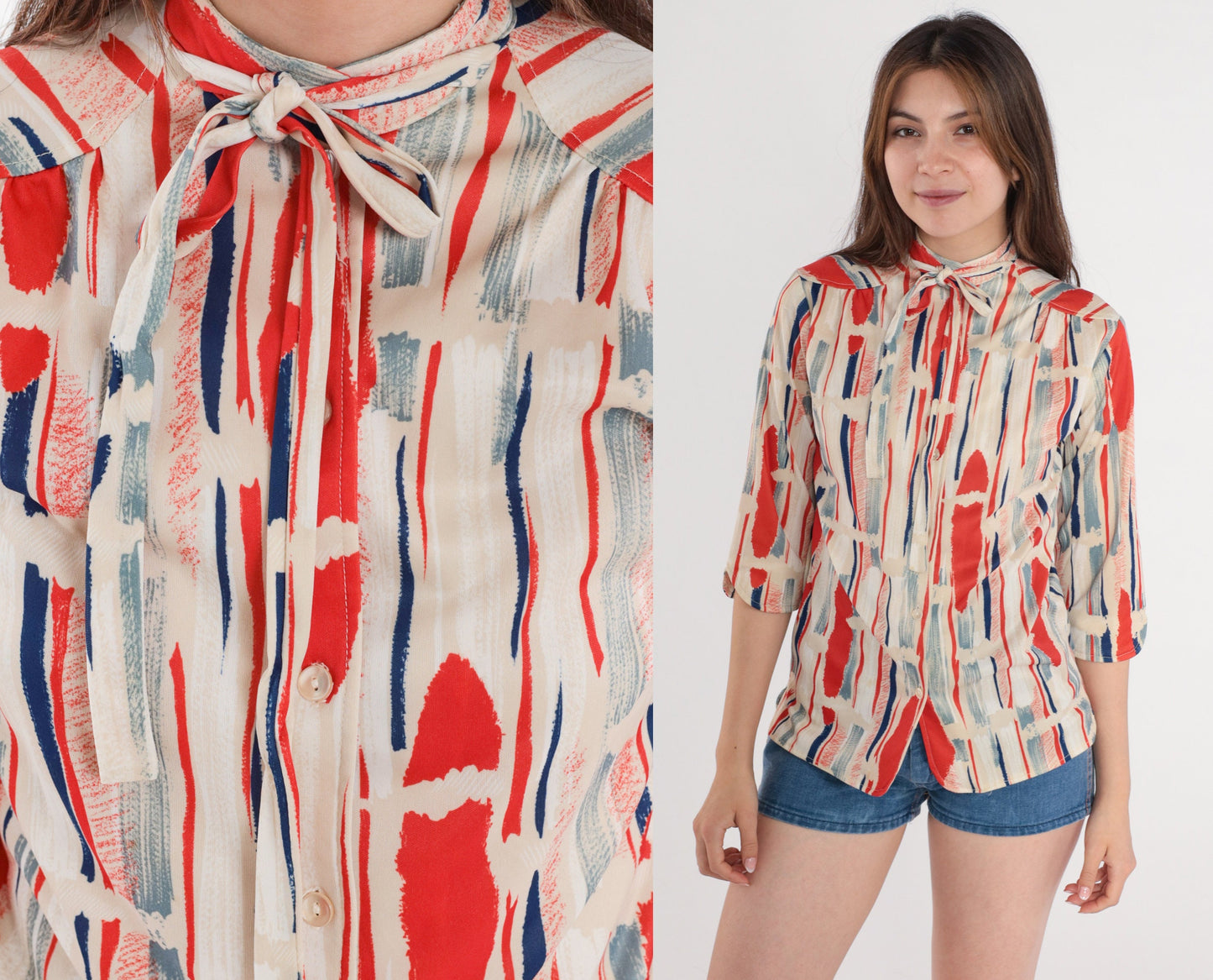 70s Striped Ascot Blouse Orange Beige Brushstroke Long Sleeve Button Up Small
