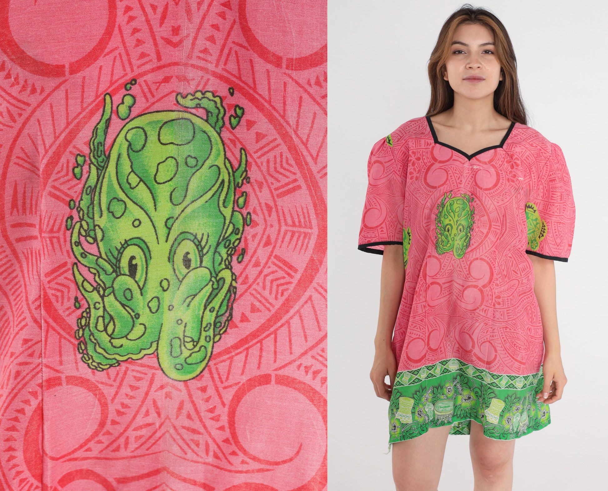 90s Hawaiian Squid Print Mini Dress Puff Sleeve Shift Pink Extra Large XXL