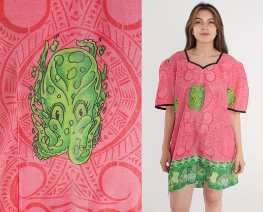90s Hawaiian Squid Print Mini Dress Puff Sleeve Shift Pink Extra Large XXL