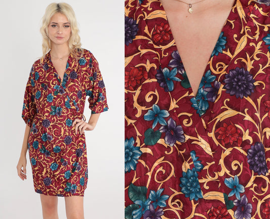 90s L.A Intimates Burgundy Floral Kimono Robe Mini Wrap Medium M