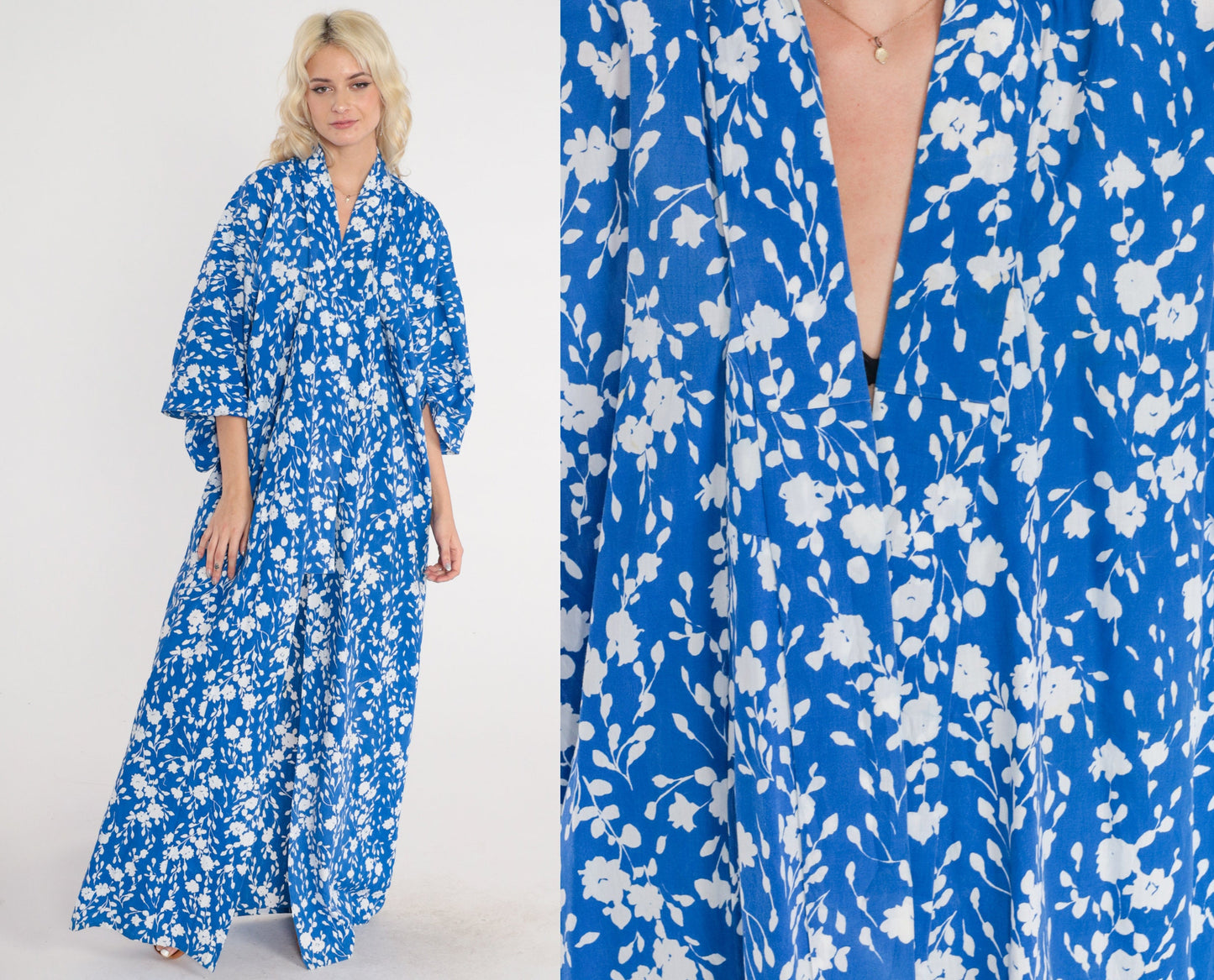 80s Blue Floral Cotton Kimono Robe Maxi Length Open Front Extra Large
