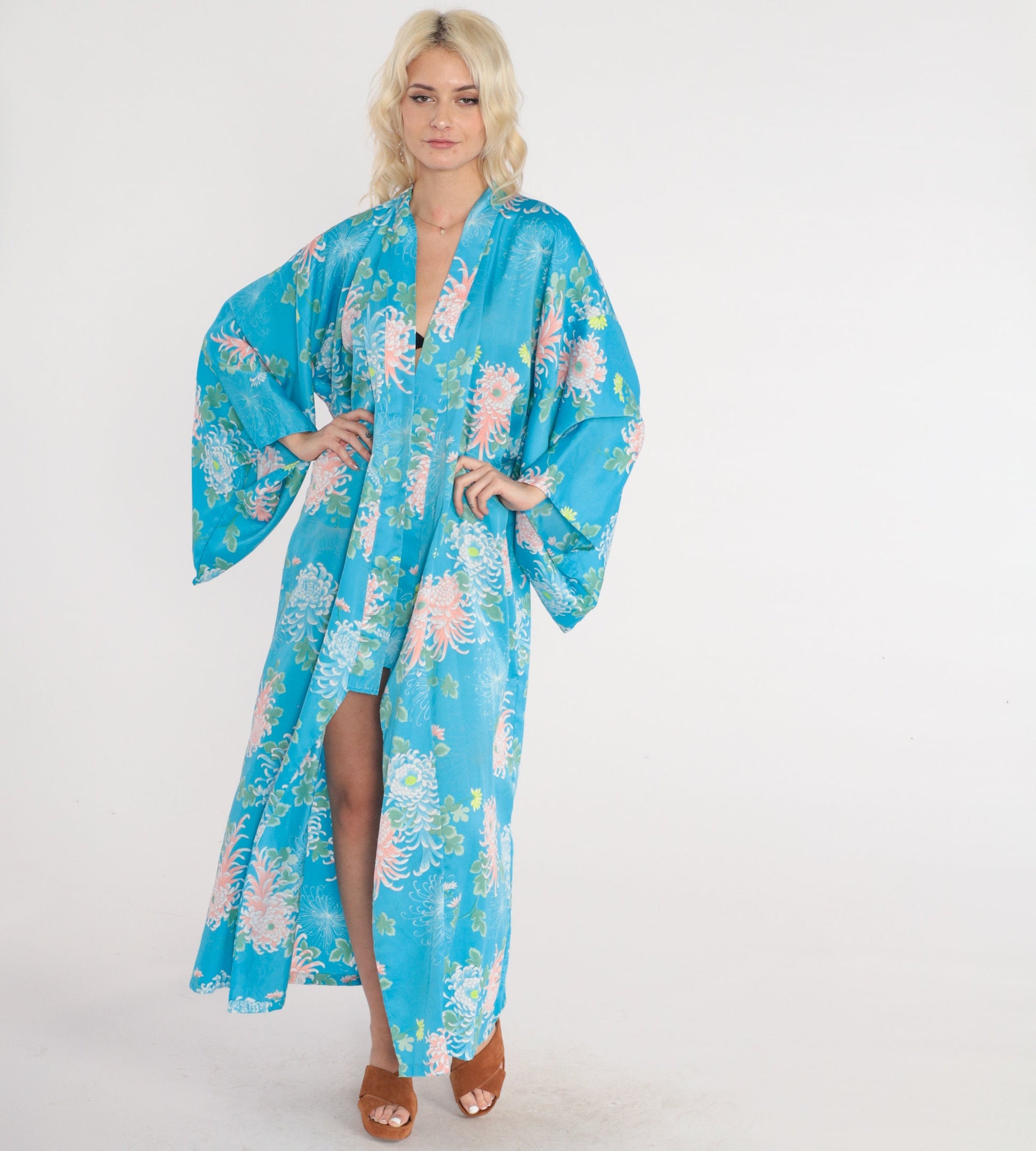 90s Blue Floral Kimono Robe Maxi Open Front Japanese Print Medium Large