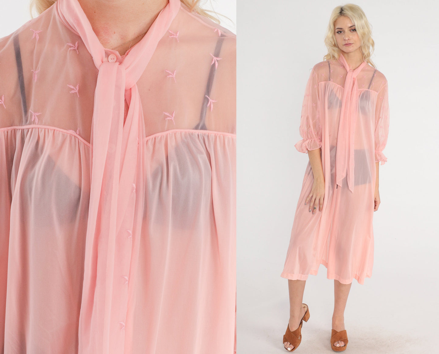 70s Vanity Fair Sheer Pink Lingerie Robe Embroidered Midi Peignoir Medium
