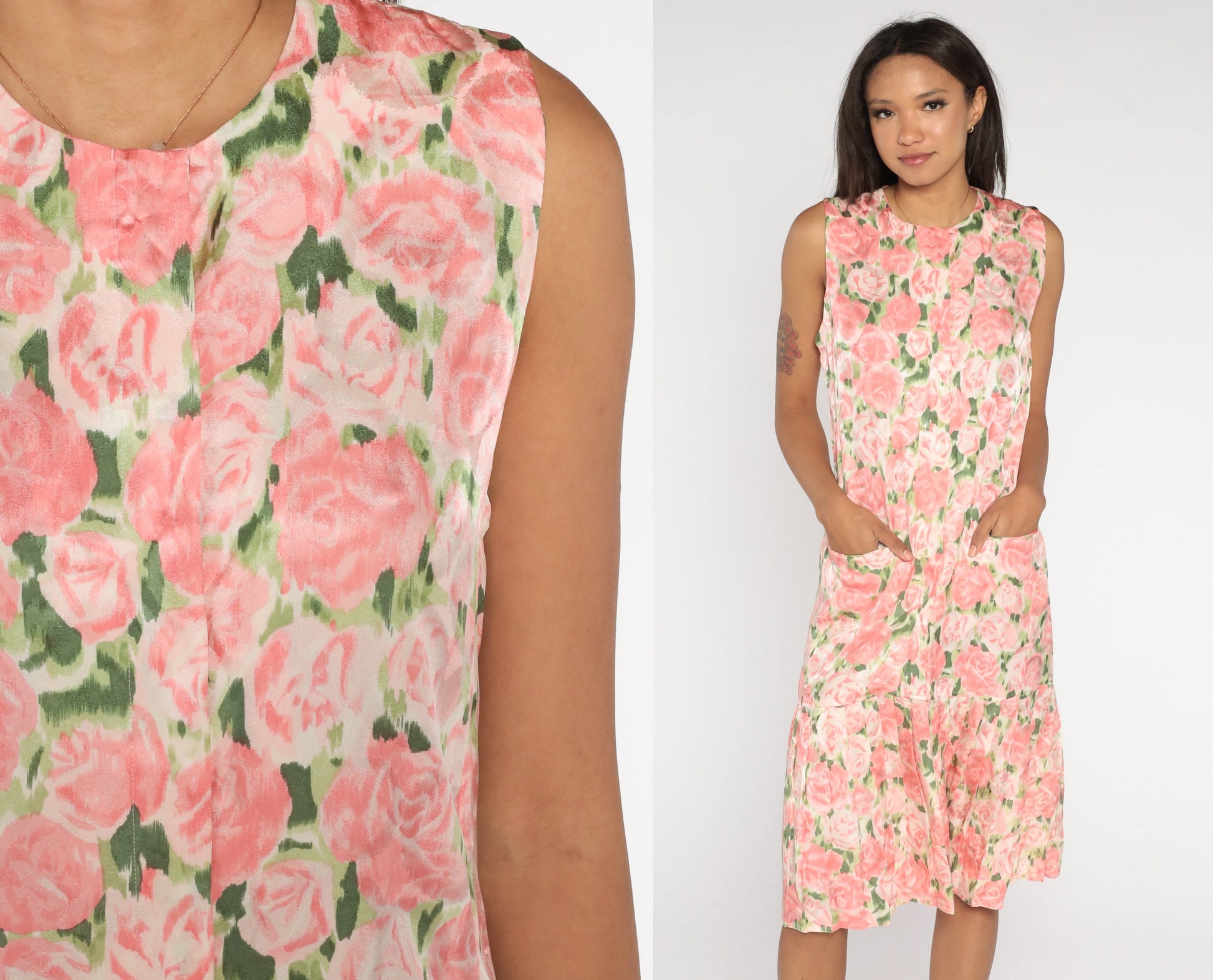 Y2K Maggie London Silk Floral Midi Dress Pink Green Sleeveless Small 6
